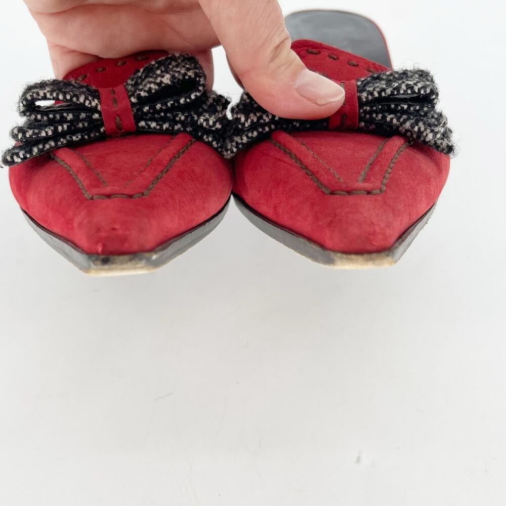 Prada Vintage Red Suede Tweed Bow Pointed Toe Kitten Heel Mule Heels IT 36.5 - Picture 6 of 11